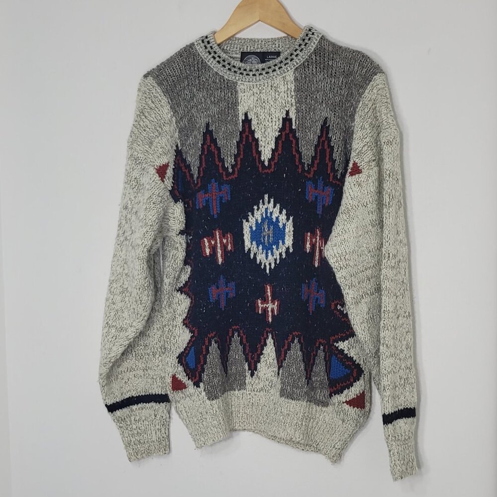Hang Ten Vintage Ivory Gray Blue Grandpa Geometric Crew Neck Pullover Sweater L